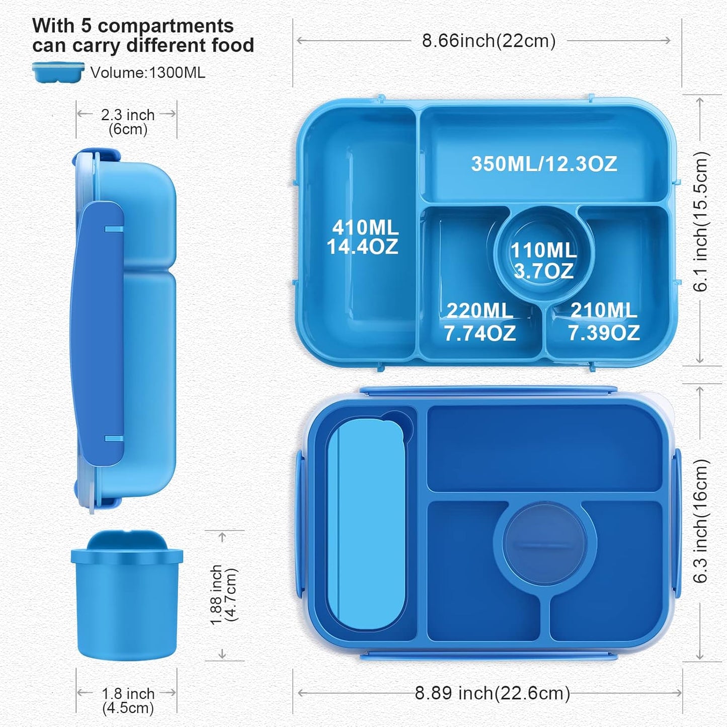 Bento Box Lunch Box Kids,Lunch Containers for Kids/Toddler,5 Compartments Bento Lunch Box for Kids with Sauce Vontainers,Microwave & Dishwasher & Freezer Safe,Bpa-Free(Blue)